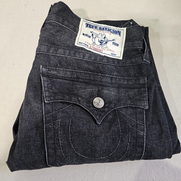 True Religion Straight Leg Jeans Size 32" Inseam 32" Black w/Black Stitch - Picture 5 of 16